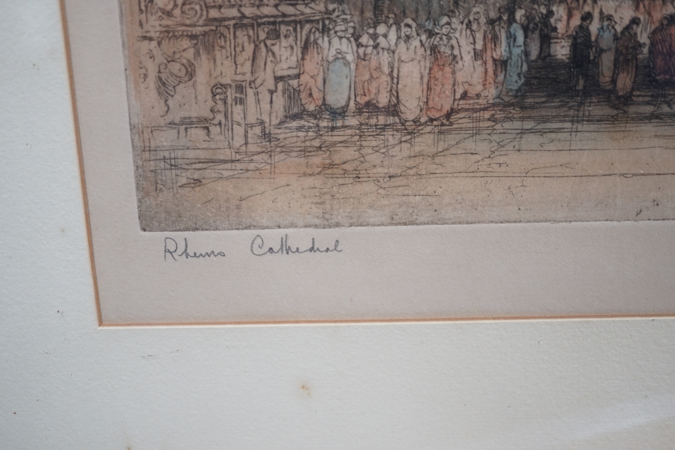 Edward Sharland (1884-1967), coloured etching, Rheims Cathedral, signed in pencil, 52 x 31cm